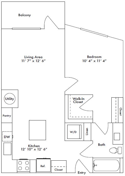 Floor plan layout of 724 sf one-bedroom apartment with a balcony.