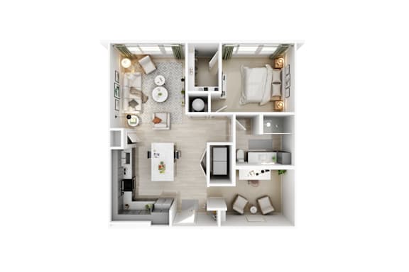 A top-down view of a modern, minimalist kitchen and living room.
