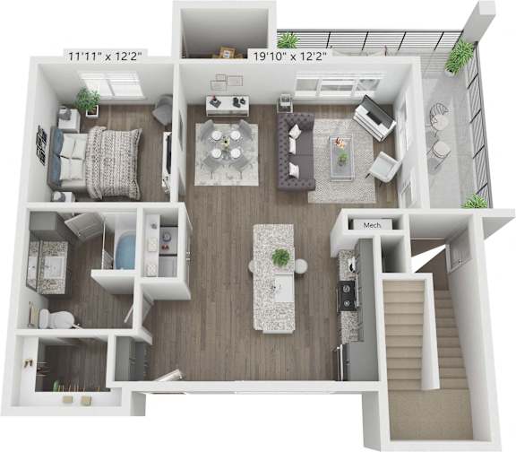 A 11'11"x12'2" floor plan of a house with a kitchen, living room, dining room, and a staircase.