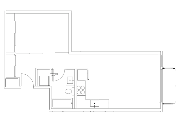 A floor plan of a house with a kitchen, living room, and two bedrooms.