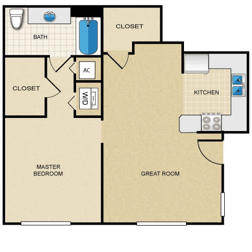 A floor plan of a house with a master bedroom, a great room, a kitchen, a bath, and two closets.