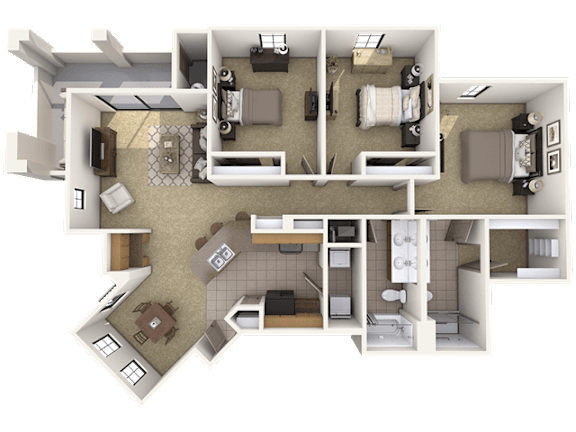 A 3D floor plan of a house showing a kitchen, living room, dining room, and bedrooms.