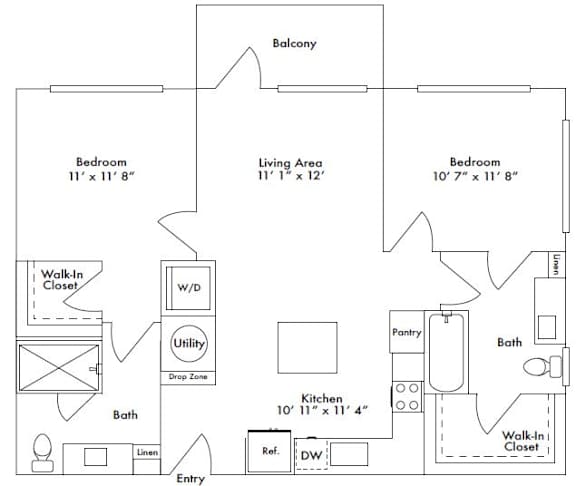 Floor plan layout of 978 two-bedroom apartment with two bathrooms and a balcony.