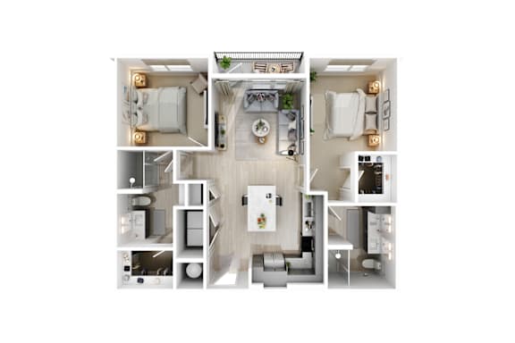 A floor plan of a house with a kitchen, living room, and two bedrooms.