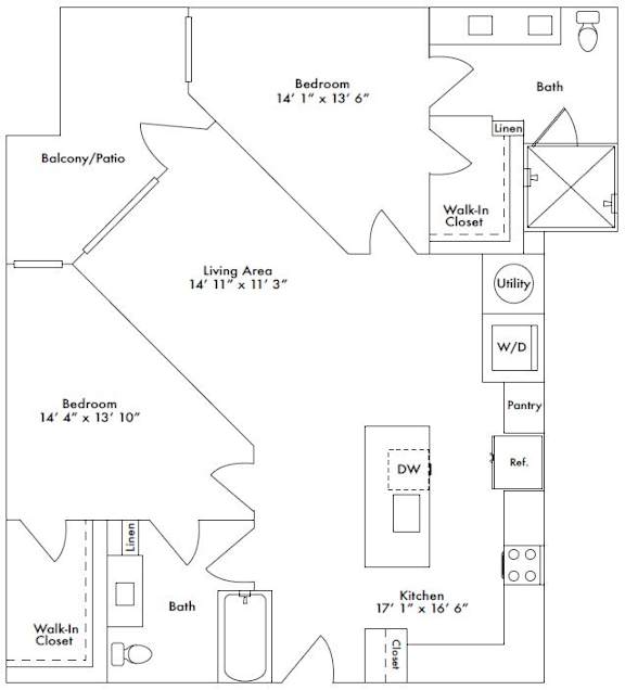 Floor plan layout of 1175 sf two-bedroom apartment with two bathrooms featuring dual shower and a balcony.