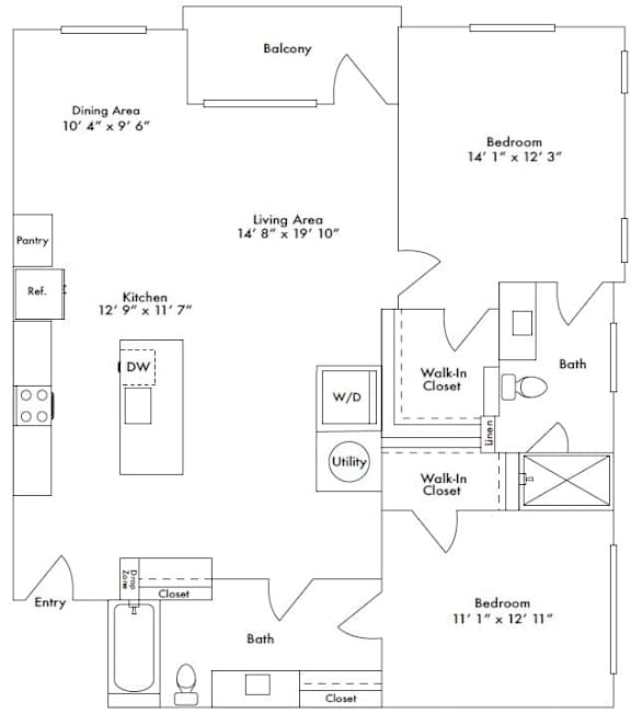 Floor plan layout of 1329 sf two-bedroom apartment with two bathrooms and a balcony.