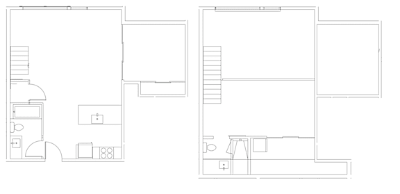 Two floor plans of a house with a staircase and a kitchen.