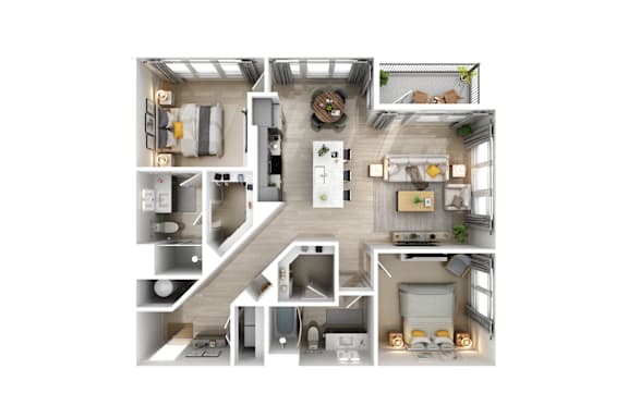 A top-down view of a house interior with a kitchen, living room, and bedrooms.
