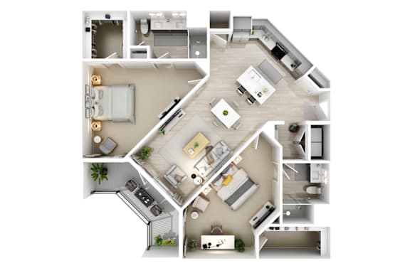 A top-down view of a house layout with a kitchen, living room, and bedrooms.
