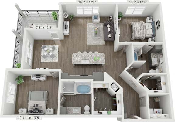 A 12'11" x 13'8" floor plan of a house with a kitchen, living room, and bathroom.