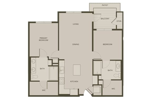A floor plan of a house with a living room, dining room, kitchen, two bedrooms, two bathrooms, a patio, and a balcony.
