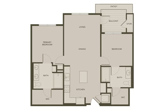 A floor plan of a house with a living room, two bedrooms, a kitchen, a bathroom, a balcony, and a patio.