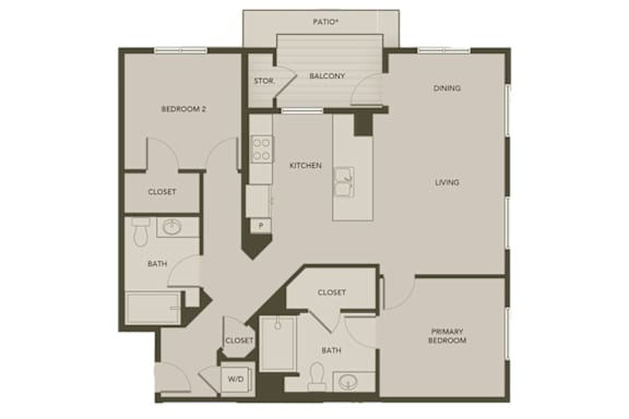 A floor plan of a house with a living room, dining room, kitchen, two bedrooms, two bathrooms, a pantry, a butler's pantry, and a patio.