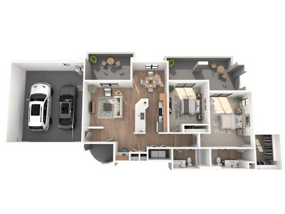 A 3D floor plan of a house with a kitchen, living room, and two bedrooms.