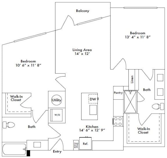 Floor plan layout of 1082 sf two-bedroom apartment with two bathrooms and a balcony.
