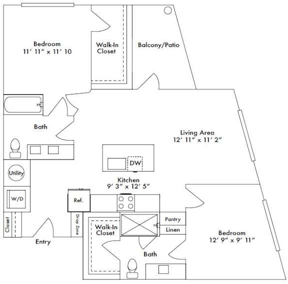 Floor plan layout of 1118 sf two-bedroom apartment with two bathrooms and a balcony.