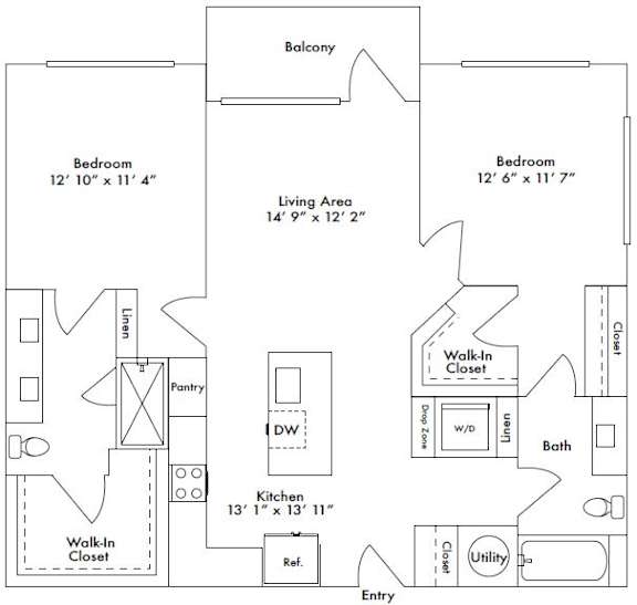 Floor plan layout of 1118 sf two-bedroom apartment with two bathrooms and a balcony.