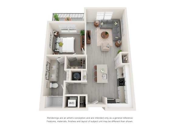 A floor plan of a small apartment with a kitchen, living room, and bathroom.