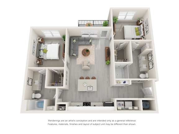 A 3D floor plan of a house with a living room, kitchen, and two bedrooms.