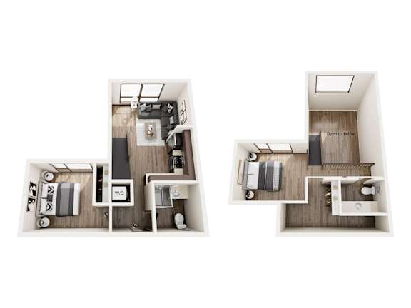 A floor plan of a hotel room with two beds and a bathroom.