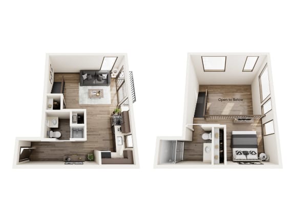 two floor plans with a bedroom and a living room