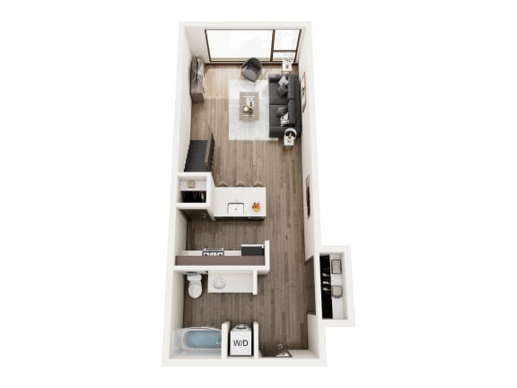 a stylized floor plan with a bedroom and a living room