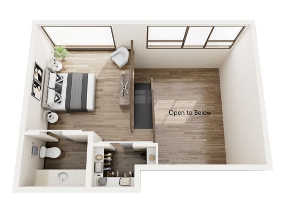 a stylized floor plan with a bedroom and a living room