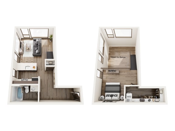 a stylized floor plan with a bedroom and a living room