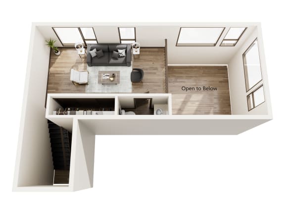 a stylized floor plan with a living room and a dining room