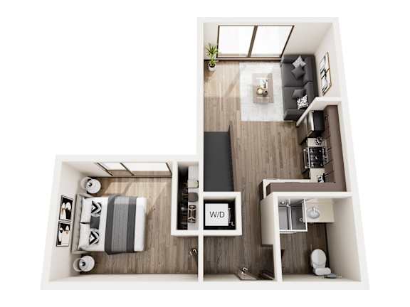 A top-down view of a small apartment with a bedroom, living room, and kitchen area.