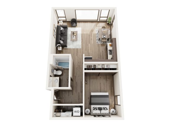 a stylized floor plan with a bedroom and a living room