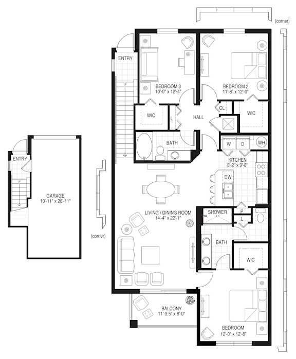 A black and white floor plan of a house with labeled rooms.