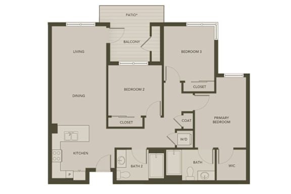 A floor plan of a house with a living room, dining room, kitchen, and three bedrooms.