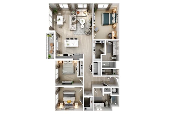 A top-down view of a small apartment with a kitchen, living room, and two bedrooms.
