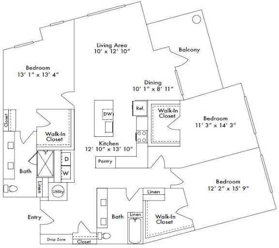 Floor plan layout of 1810 sf three-bedroom apartment featuring two bathrooms and a balcony.
