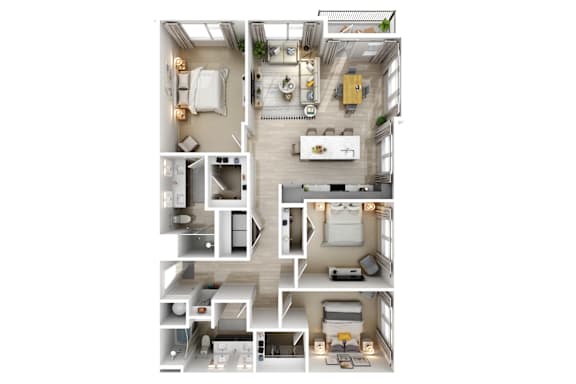 A series of images showing different layouts of a small apartment.