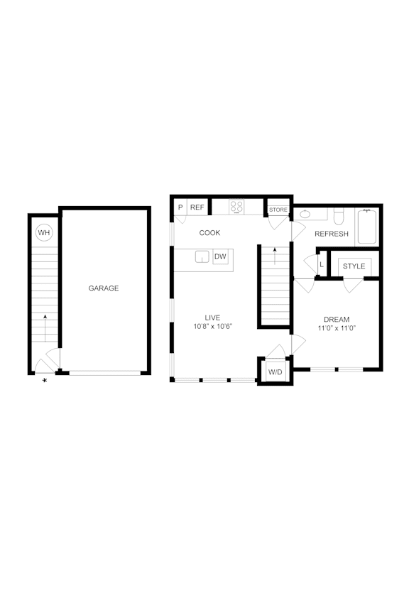 A floor plan of a house with a garage, living room, and kitchen.