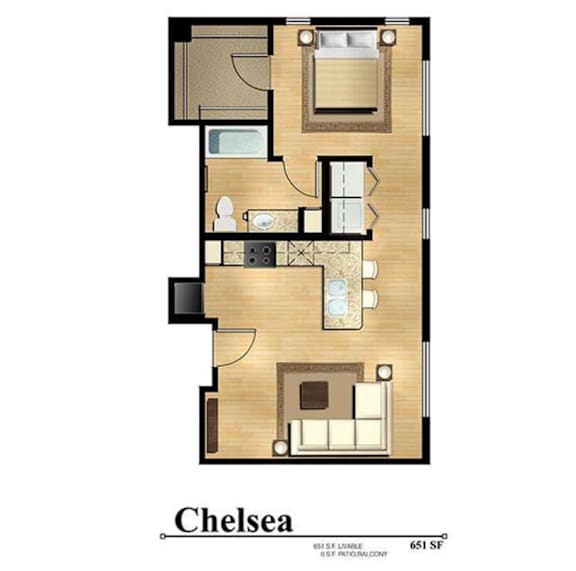 A floor plan of a Chelsea apartment with 651 square feet and 651 square feet of balcony.