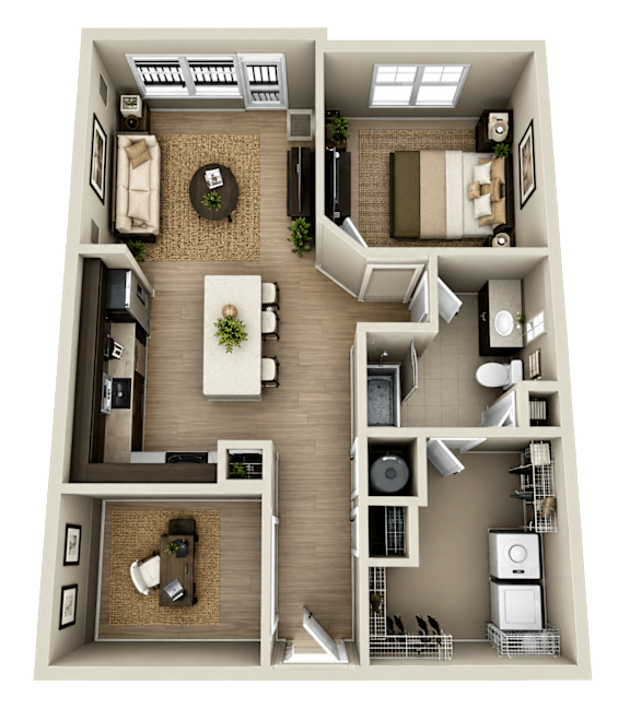 A top-down view of a two-bedroom apartment with a living room, kitchen, and bathroom.