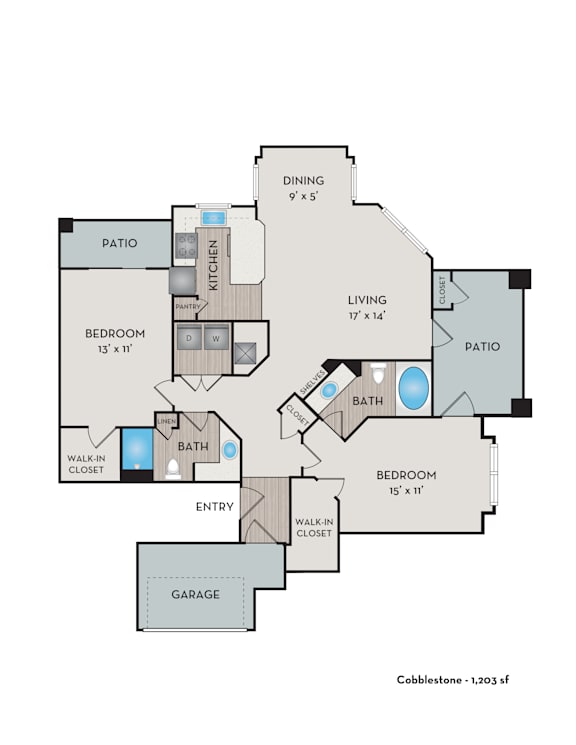 A floor plan of a home with a living room, two bedrooms, a garage, a patio, a kitchen, a dining room, and a bathroom.