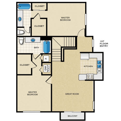 A floor plan of an apartment with a master bedroom, a great room, and a balcony.