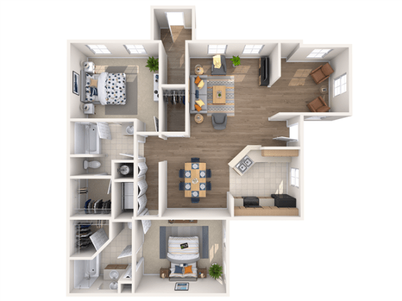 a furnished floor plan with a bedroom and living room