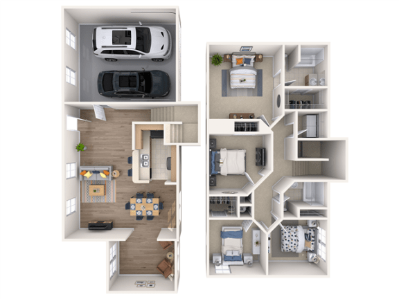 a stylized floor plan with a kitchen and a bedroom
