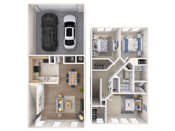 two views of a 3d model of a house and a car in a room