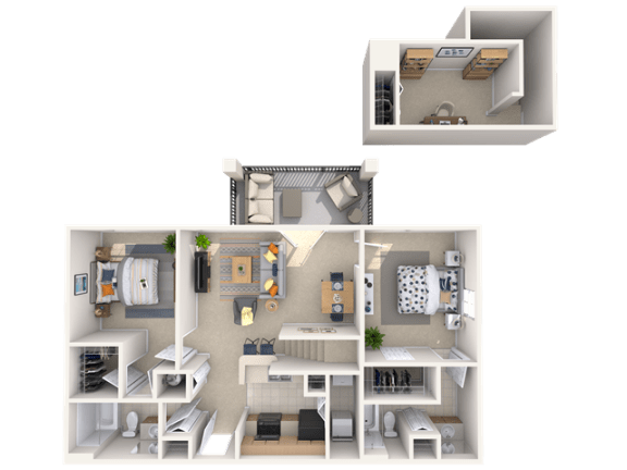 a 3d rendering of a bedroom and a living room