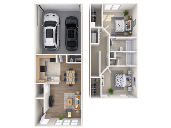 a stylized floor plan with a car is shown in a