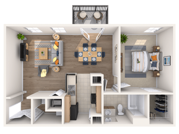 a 3d rendering of the living room and dining room of an apartment