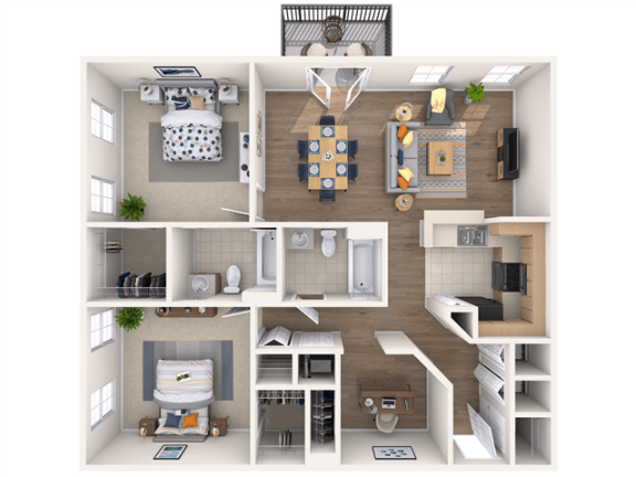 a 3d rendering of a living room with a wood floor