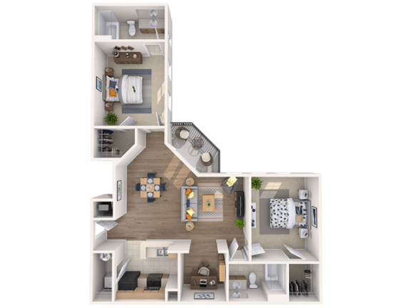 a stylized floor plan with a bedroom and living room