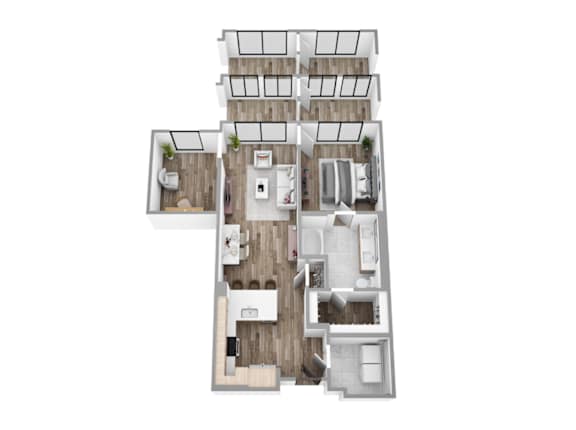 Floor plan A9, a 1-bed, 1-bath 833 SF apartment with open living, dining, kitchen, and study area